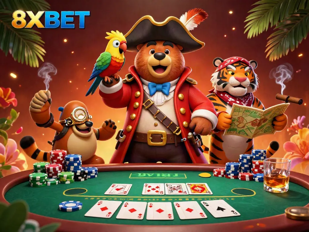 Elevate your game with 8XBET's thrilling 3D pirate-themed casino illustration featuring poker elements.