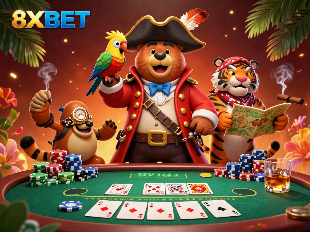 Elevate your game with 8XBET's thrilling 3D pirate-themed casino illustration featuring poker elements.