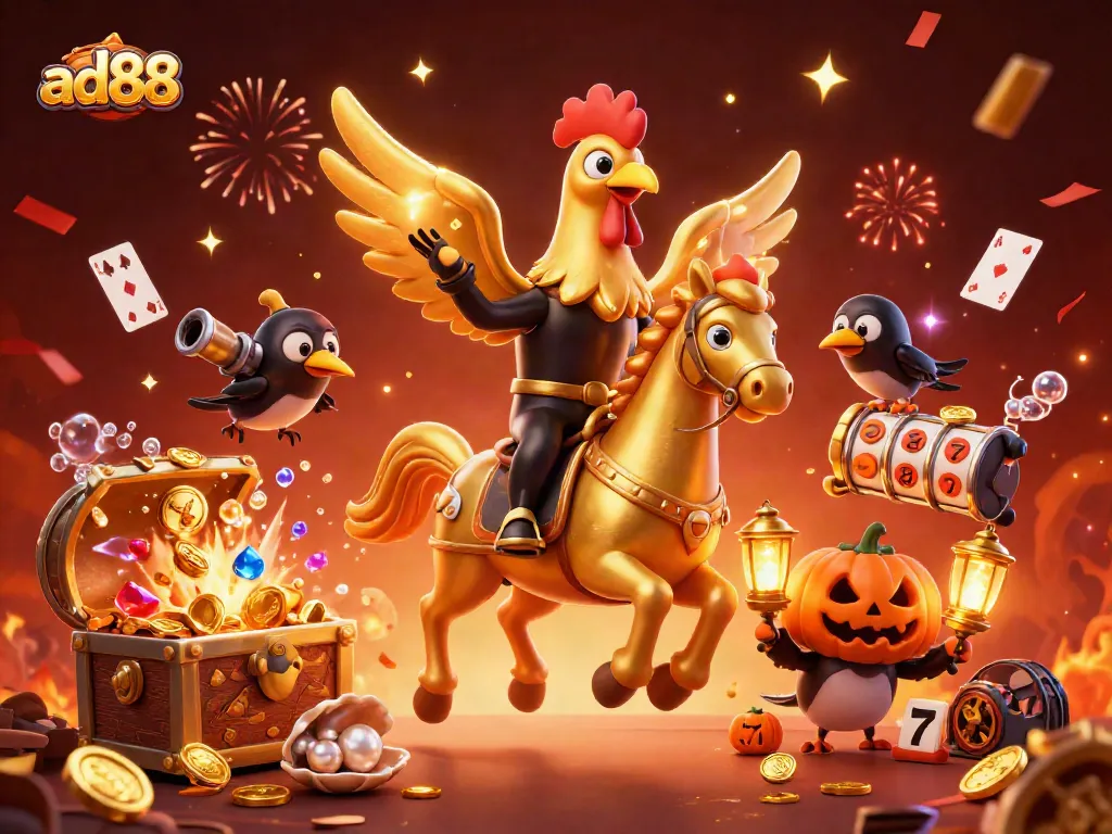 Experience thrilling gameplay at ad88 with a golden rooster and magical casino elements!