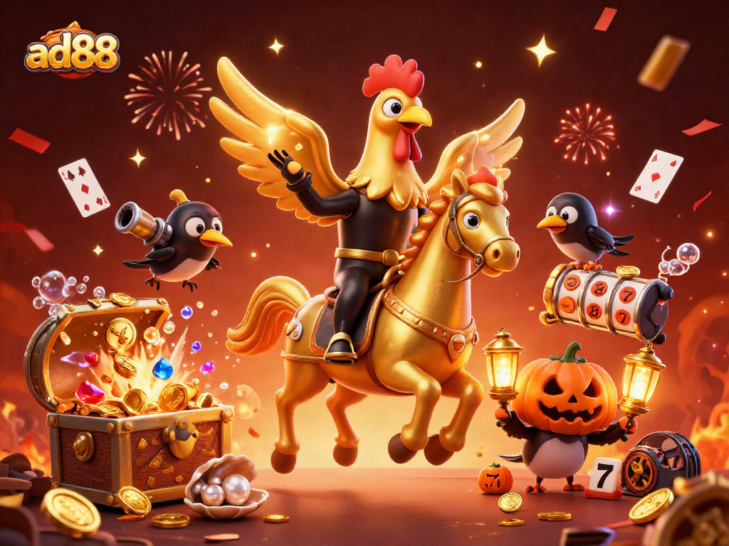 Experience thrilling gameplay at ad88 with a golden rooster and magical casino elements!