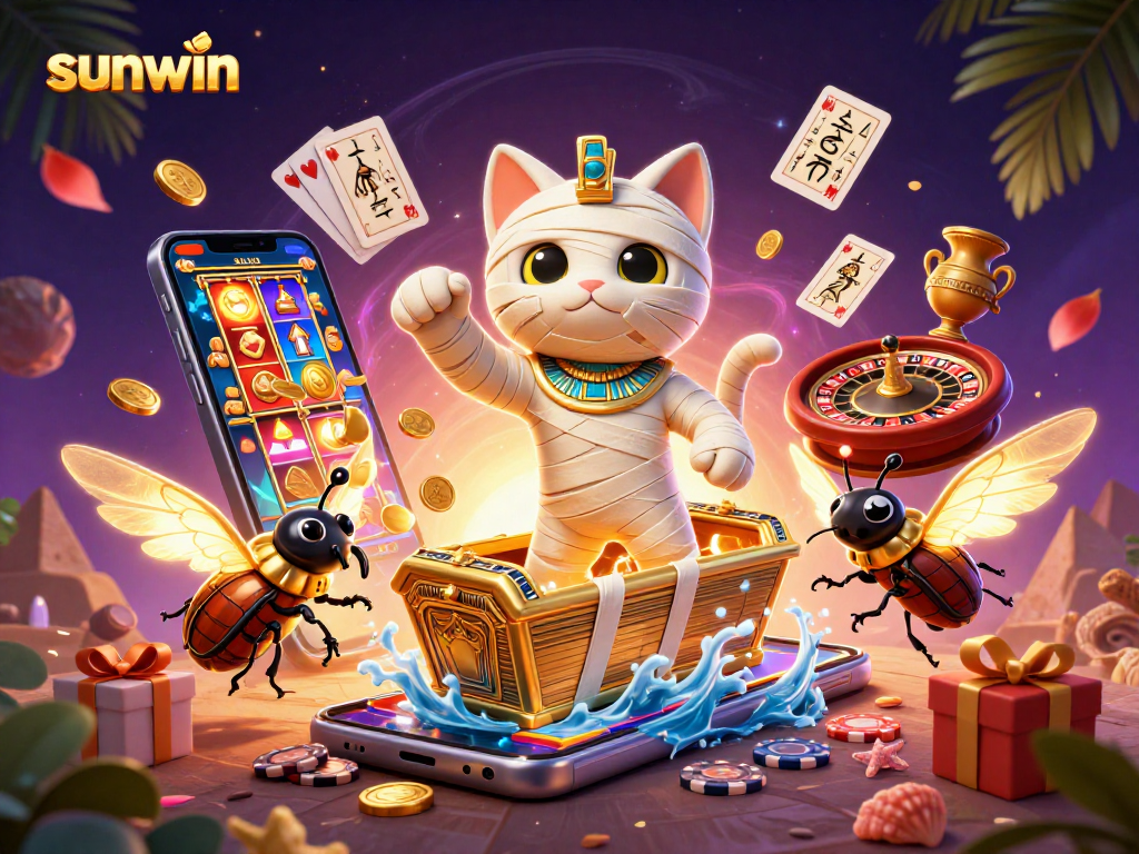 Spin the vibrant reels with sunwin's Egyptian mummy cat in a treasure-filled casino.