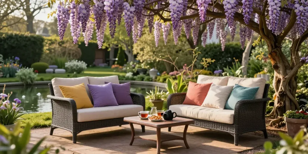 Charles Taylor companion seats in a serene garden setting with cushions and snacks.
