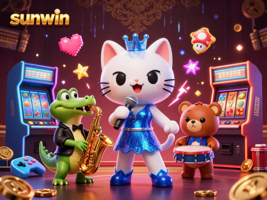 Sunwin's colorful casino-themed 3D scene with cartoon animals performing music and gaming elements.