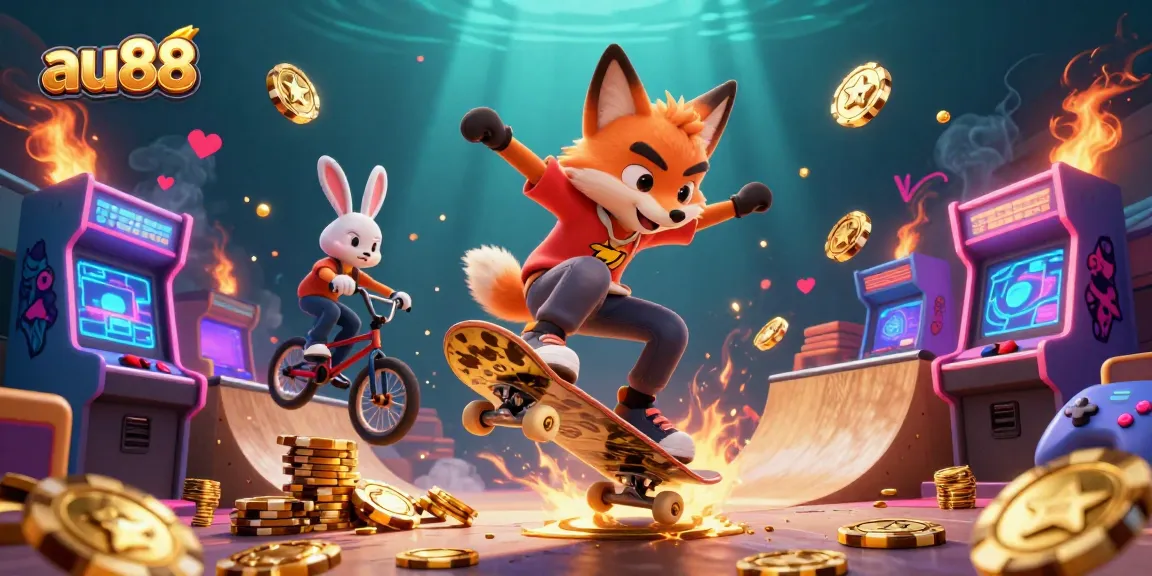 Experience thrilling action at au88 with a skateboarder fox and BMX rabbit in a vibrant casino scene.