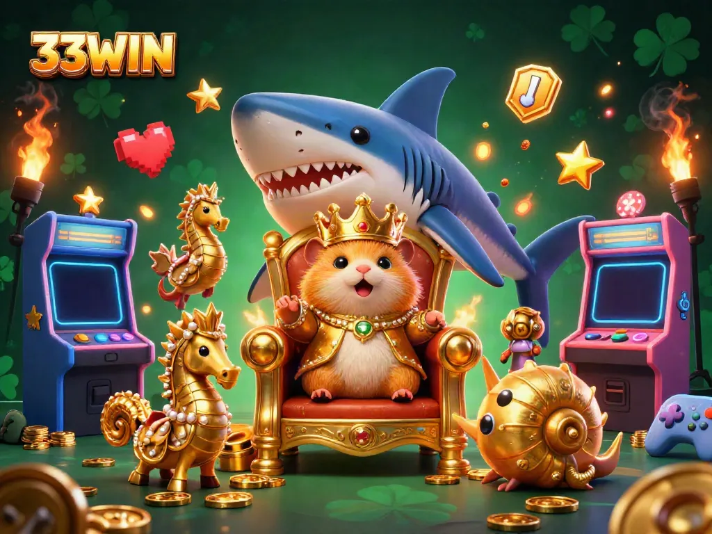 Engage with the thrilling 33WIN casino world featuring a golden hamster king and vibrant game elements.