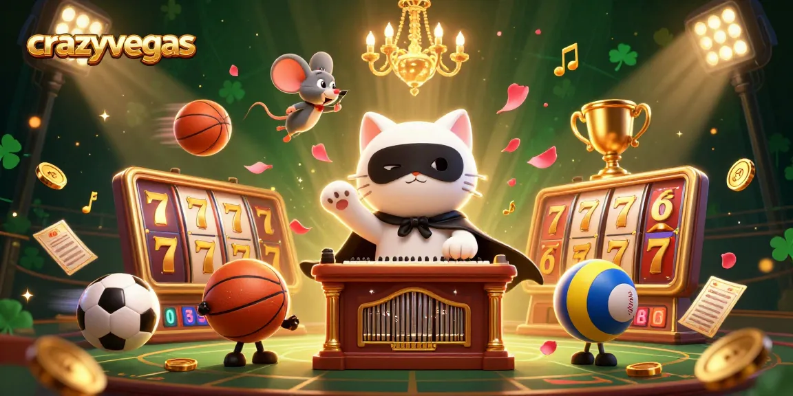 Experience thrilling casino wins at crazyvegas as the whimsical white cat plays alongside flying slot reels and golden trophies.