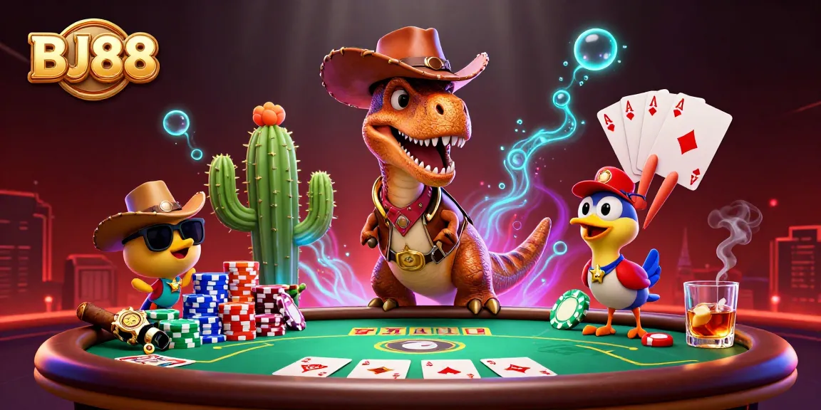 Experience thrilling poker games with BJ88's vibrant 3D casino characters and dynamic elements.