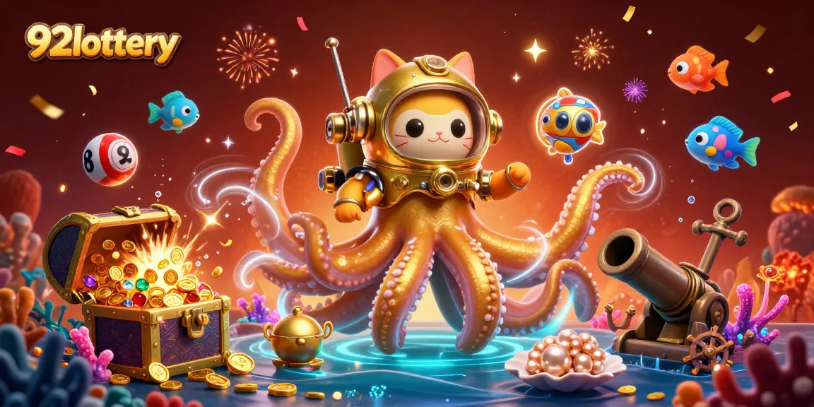 Exciting 92lottery scene with kraken and diving cat showcasing underwater treasures and gaming elements.