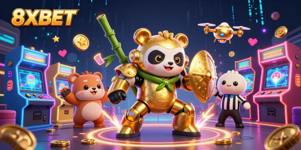 Engage with 8XBET at a vibrant 3D casino featuring a golden panda robot amidst arcade games