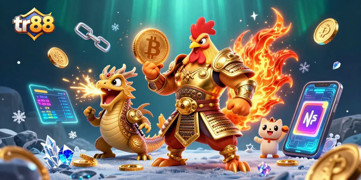 Engage in tr88 gaming with a dynamic scene featuring a rooster warrior, dragon hatchling, and rich casino elements.