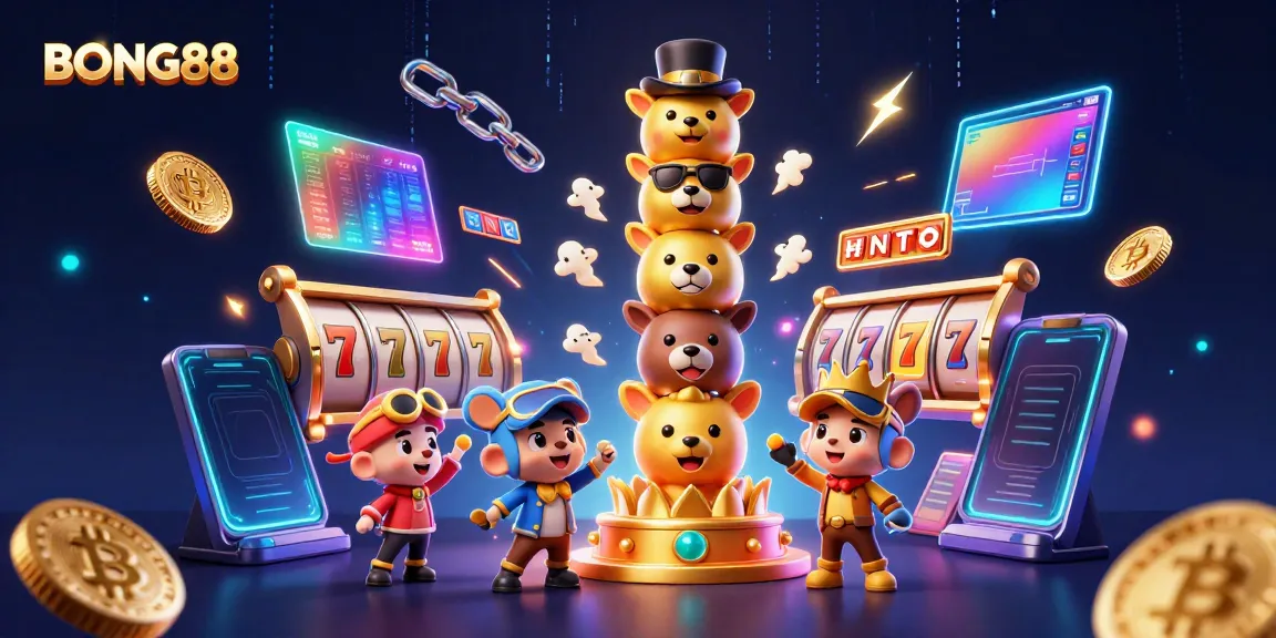 BONG88 casino-themed illustration showcasing a lively golden totem pole surrounded by slot reels and crypto elements