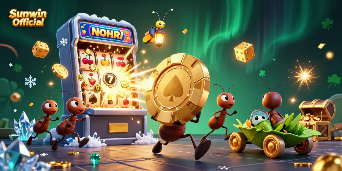 Engage with Sunwin Official by observing an energetic 3D heist scene featuring adorable ants, vibrant casino elements, and colorful games.
