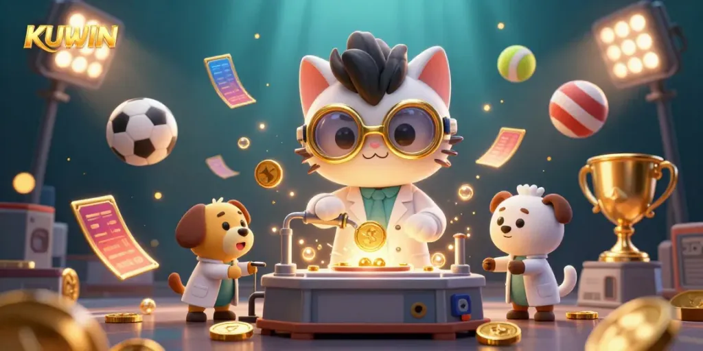 KUWIN the cat creates a gold-coin machine in a lively casino scene with sports elements.