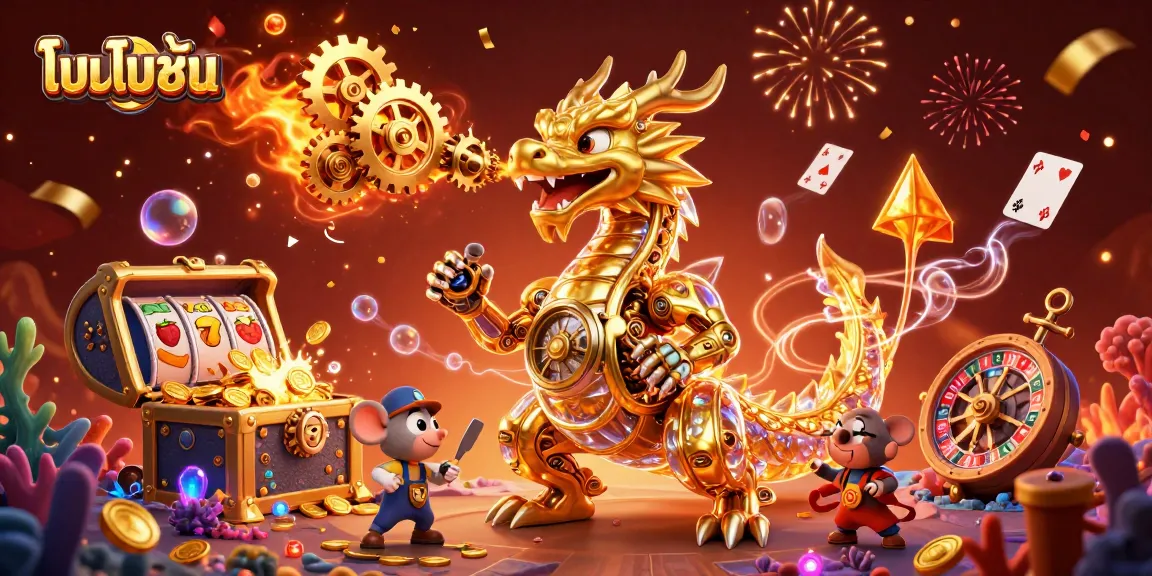 Engage with exciting โปรโมชั่น as a golden dragon breathes gears amidst casino treasures online.