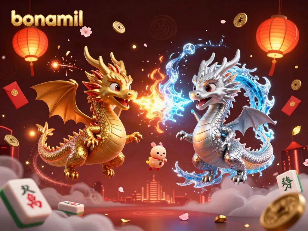 Kesenangan bermain bonamil dengan dua naga 3D yang bertarung dengan api dan es dalam ilustrasi kasino