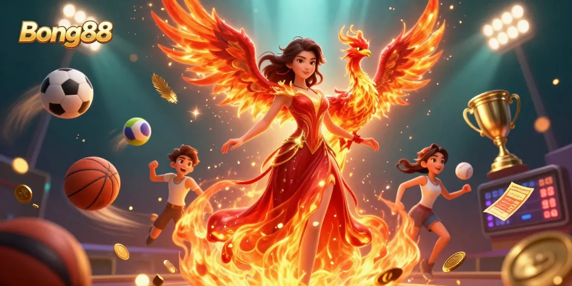 Bong88 showcases an exciting scene with a fiery character and vibrant sports elements, highlighting dynamic betting excitement.