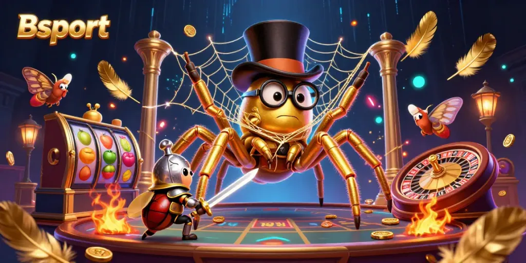 Experience the excitement of Bsport with a daring beetle knight and a golden tarantula in a vibrant casino setting.