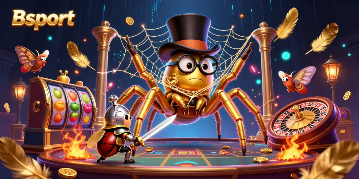 Experience the excitement of Bsport with a daring beetle knight and a golden tarantula in a vibrant casino setting.
