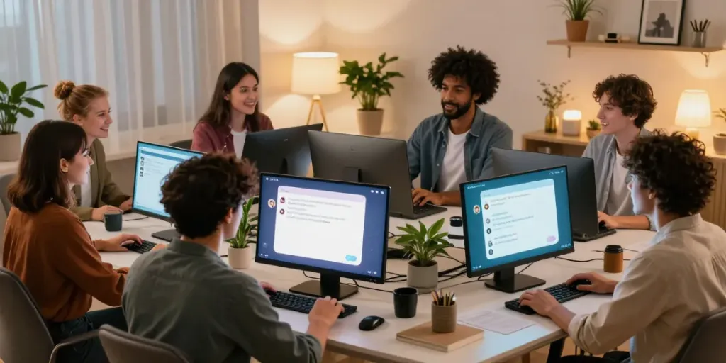 Interactive group discussing AI-powered porn chat experiences in a cozy digital environment.