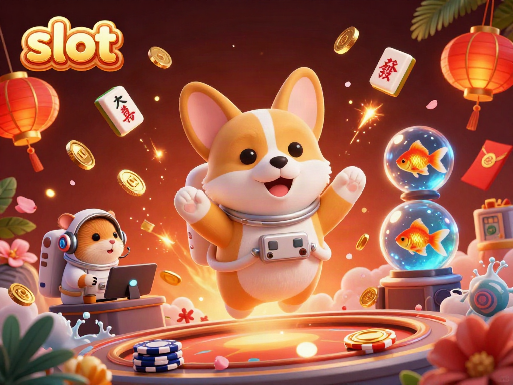 Engaging slot gaming scene featuring a floating corgi and colorful casino elements