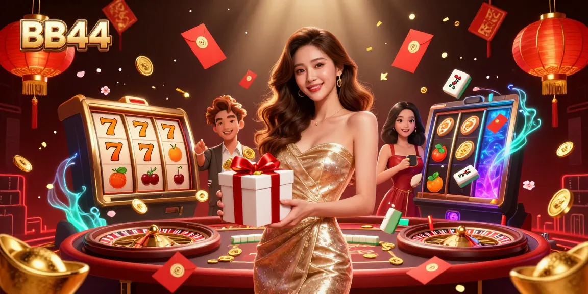 Engage with BB44's vibrant casino atmosphere featuring Asian woman with golden coins for festive online gaming.