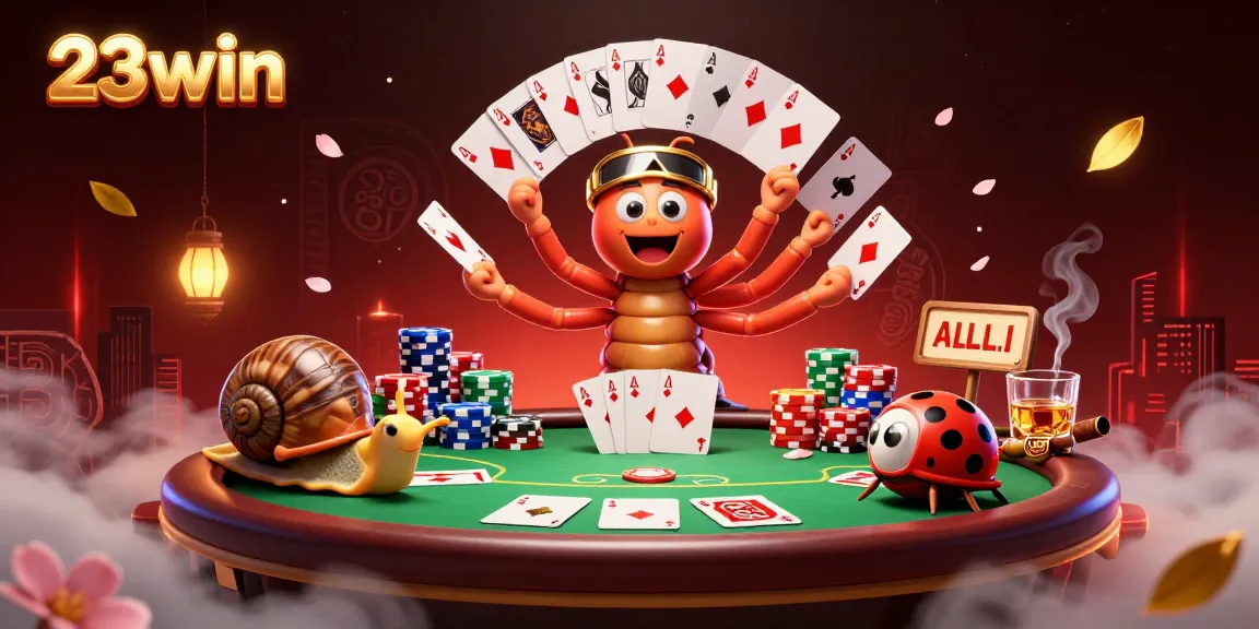 Engage in thrilling gameplay with 23win’s vibrant casino illustration featuring a lively millipede dealer and high-roller action.