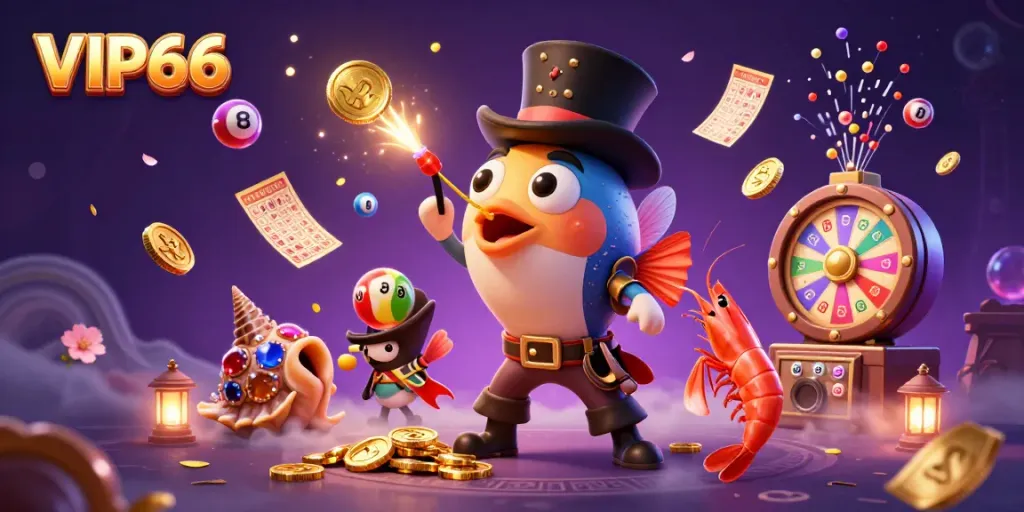 VIP66 attracts players with a dynamic illustration of an anglerfish and pirate shrimp amidst lottery excitement.