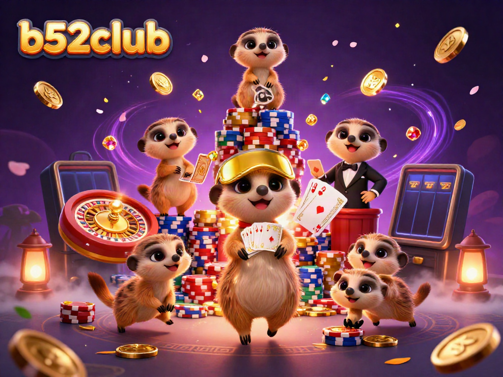 Experience excitement at b52club with meerkats running a vibrant casino operation amidst golden coins and sparkling gems.
