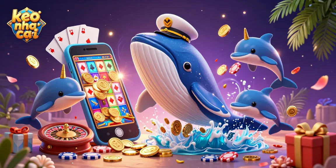 Playful dolphins and a giant whale represent 'keo nha cai' in a dynamic underwater casino scene.