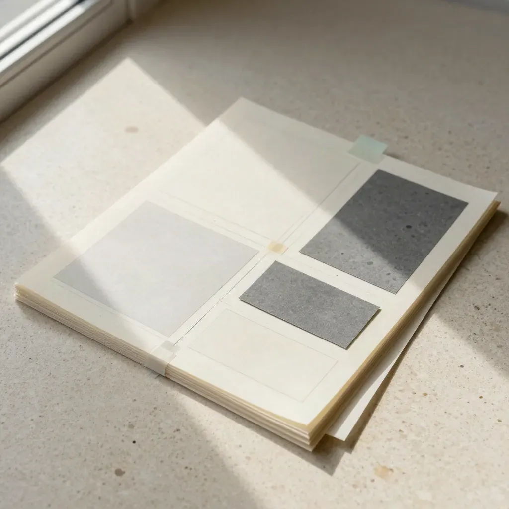 Vellum-Wireframes auf Travertin mit mintfarbenem Akzent und weichem Fensterlicht