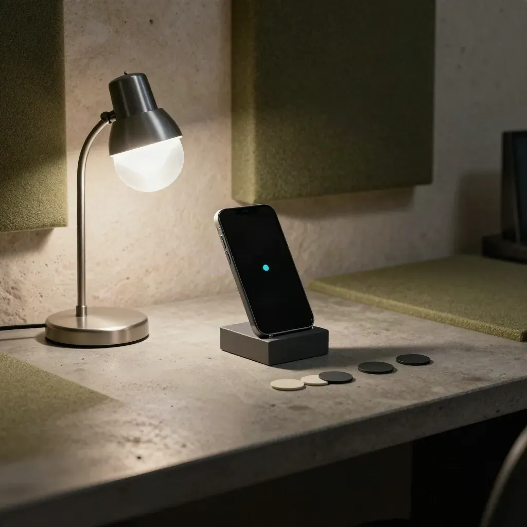 Usability-Test-Bench mit Startwürfel, Telefonhalter, Karten und Kalibrierlampe im dunklen UX-Labor.