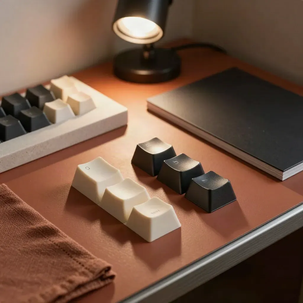 Kontrastswatches, Tastenkappen und eine Checkout-Schale auf dunklem Sampleboard im warmen Licht.
