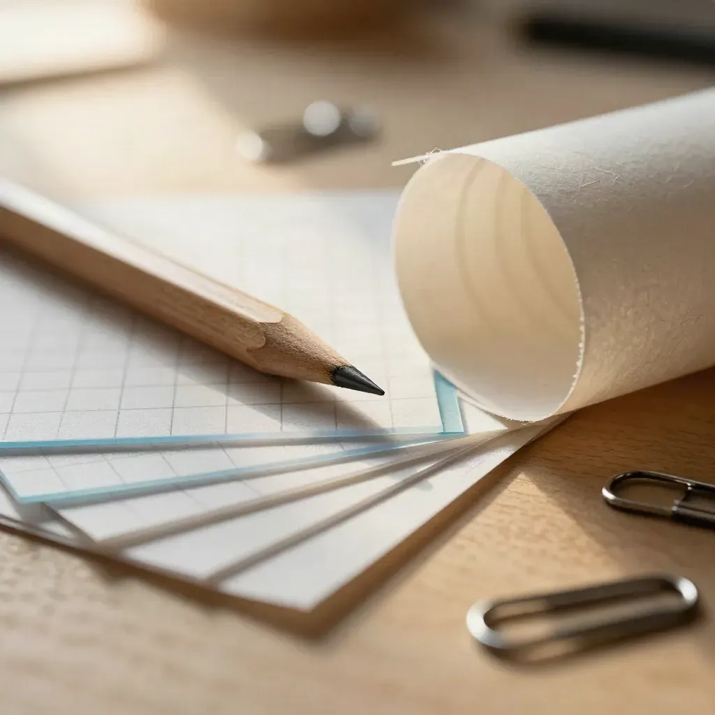 Makro eines UX-Design-Toolkits mit Bleistift, Transparentpapier, Rasterkarten und Klammern auf Eichenholz.
