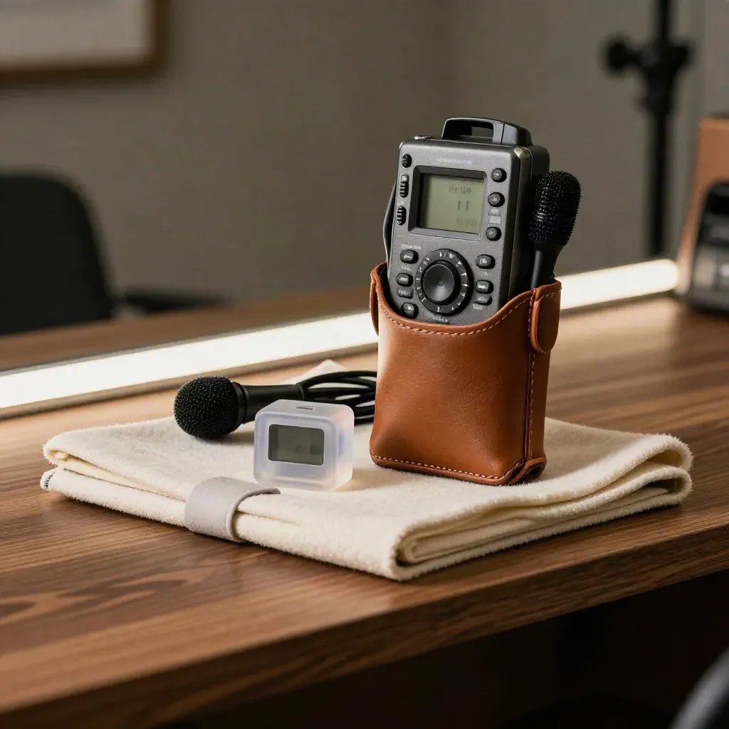 Stillleben mit Field Recorder, Lavalier-Mikrofon und Timerwürfel auf warmem Walnussholz.