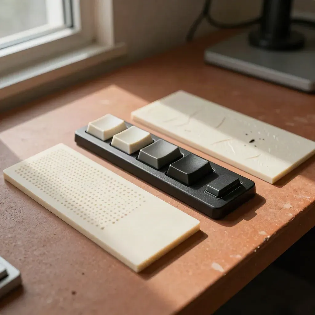Taktile Accessibility-Tools auf terrakottafarbener Werkbank im Usability-Labor.