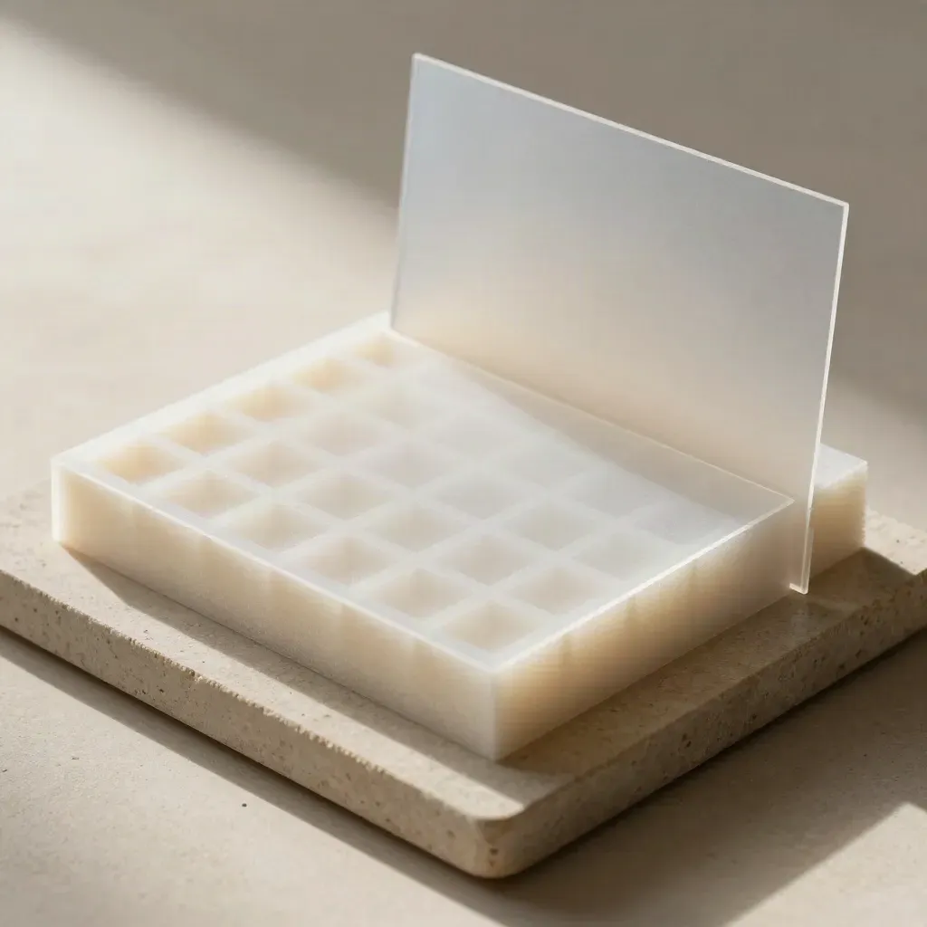 Tray mit transparenten Layoutfolien, Schaumblöcken und gefaltetem Acetatelement