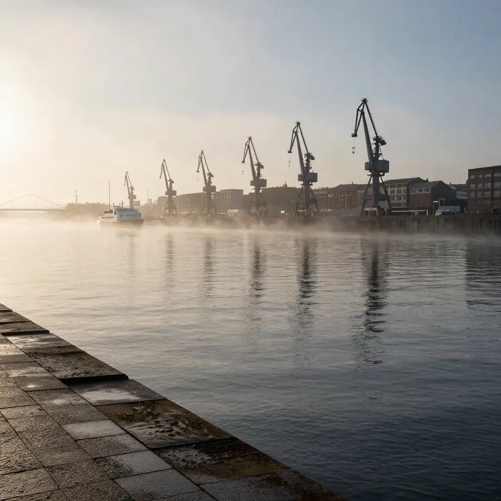 Hamburger Hafen im Dunst mit Kränen über ruhigem Wasser und viel Platz für Text