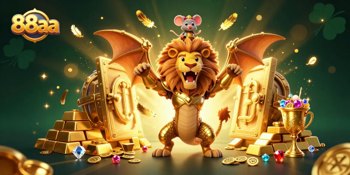 Exciting gameplay experience at 88aa with a chimera and treasures in a vibrant 3D casino scene.