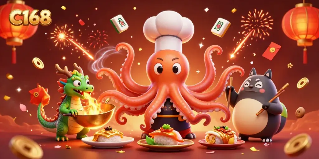C168 engages players in an exciting casino scene with a sushi chef octopus and vibrant gaming elements.