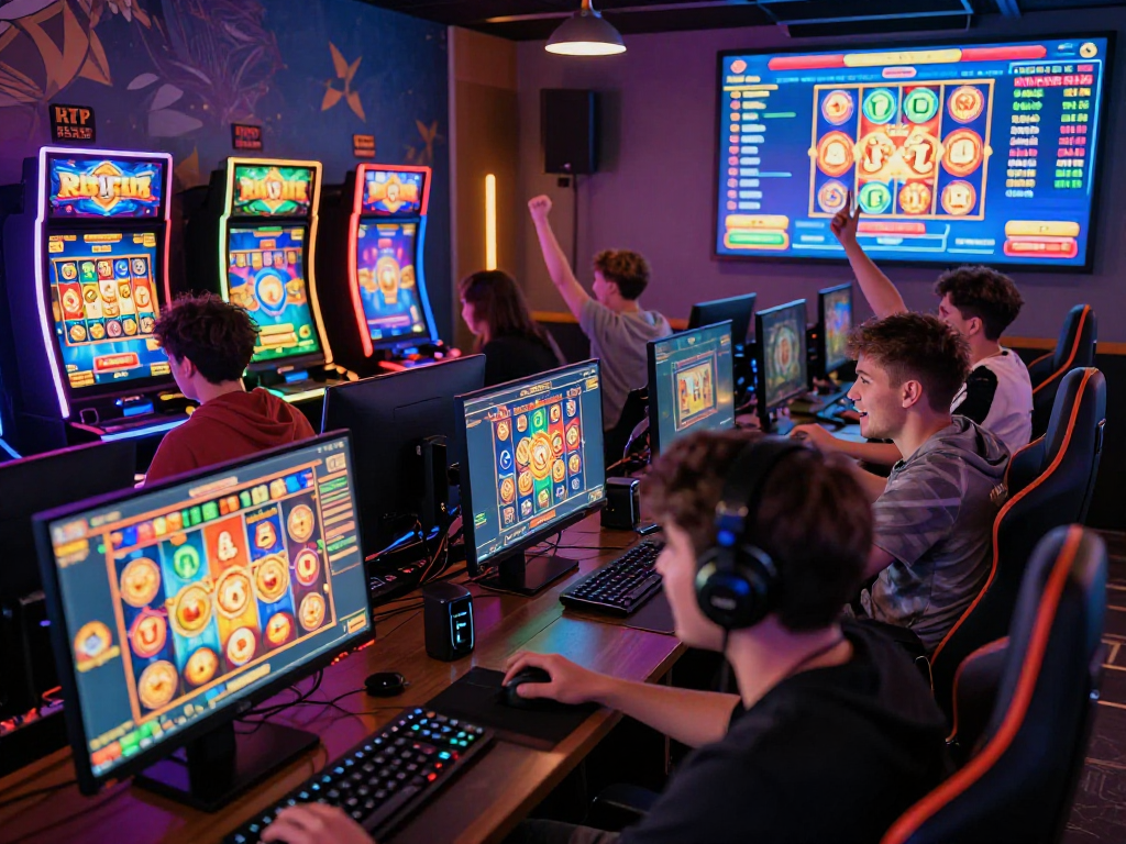 Players enjoying situs judi slot games on multiple devices, vibrant gaming atmosphere with animated graphics.
