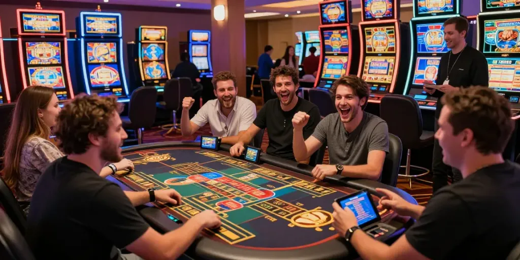 Permainan slot gacor yang seru dan menegangkan di kasino online, pemain merayakan kemenangan.