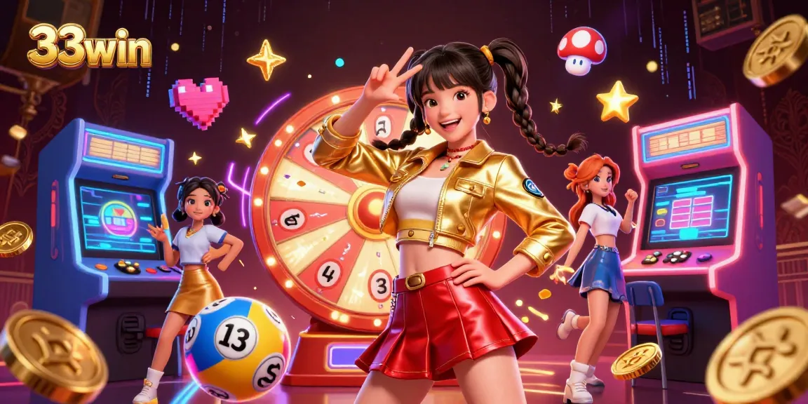 Experience the excitement of 33win with a vibrant casino atmosphere featuring a joyful character and gaming elements.