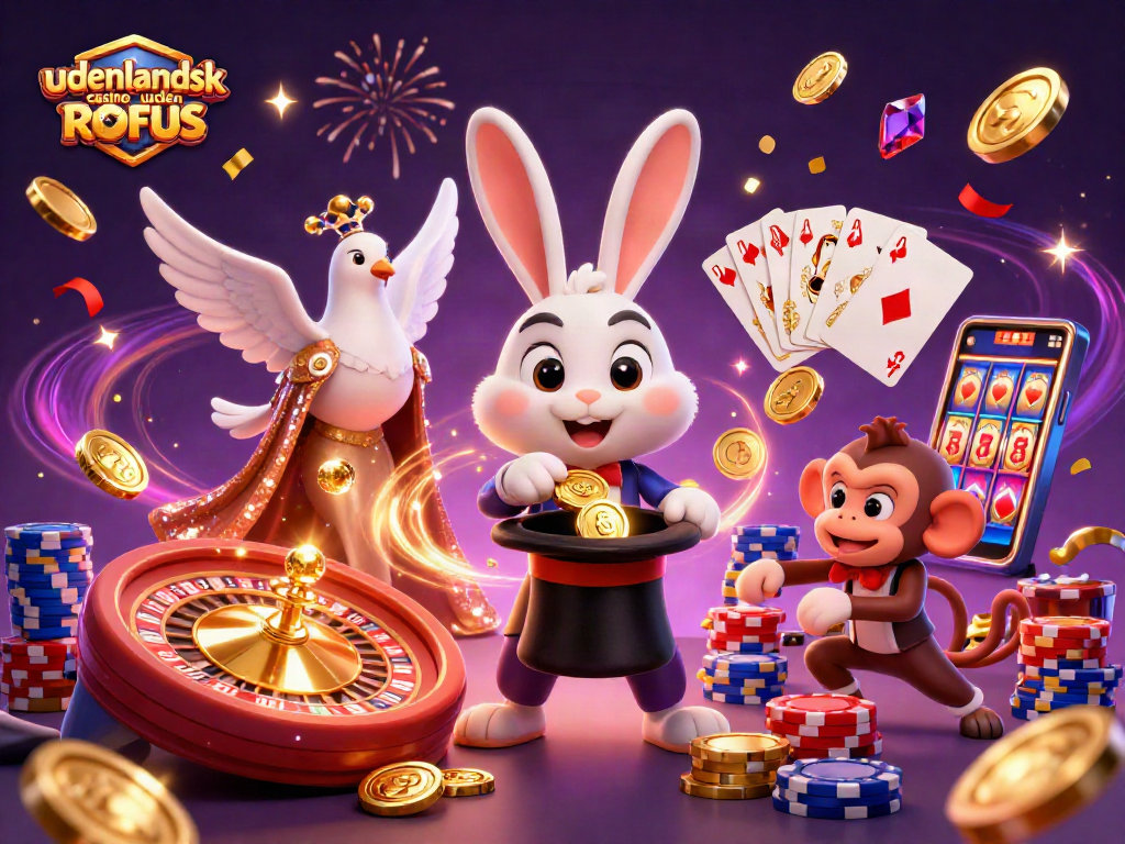 Play exciting games at udenlandsk casino uden ROFUS with vibrant casino characters and dynamic effects.