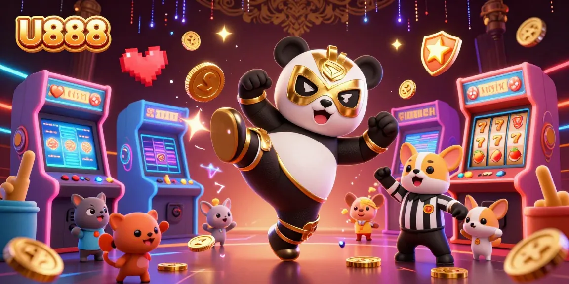 U888 exciting casino scene with a panda wrestler and chihuahua referee amidst vibrant arcade elements.