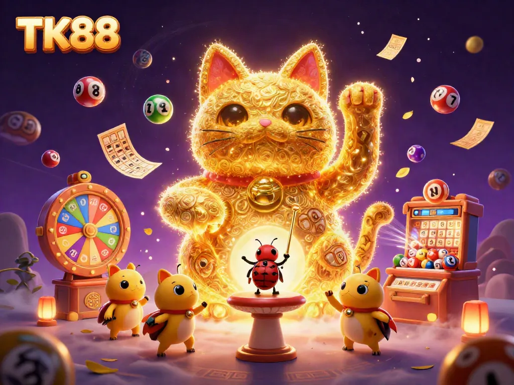 Experience the excitement of TK88 with a vibrant scene featuring a lucky cat made of golden fireflies amidst dynamic casino elements.
