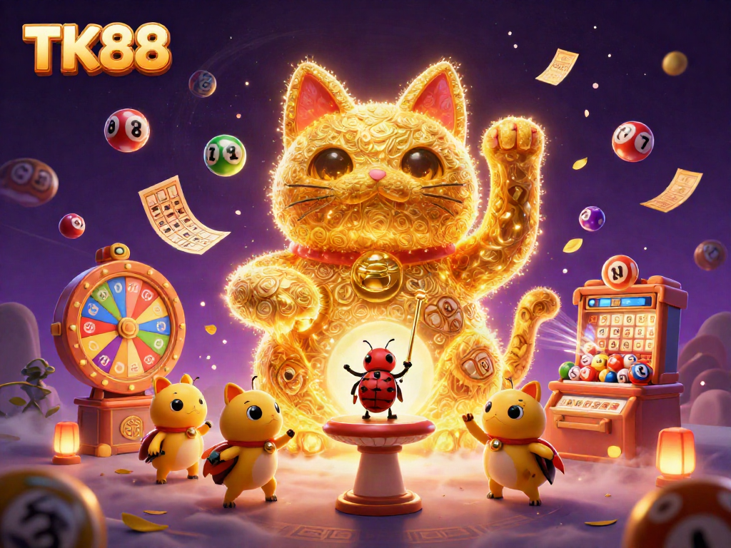 Experience the excitement of TK88 with a vibrant scene featuring a lucky cat made of golden fireflies amidst dynamic casino elements.