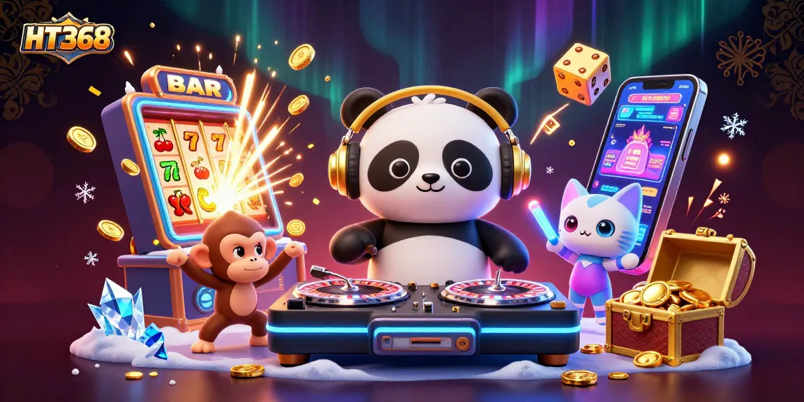 Party at HT368 with a DJ panda, dancing monkey, and glowing kitten amidst a vibrant casino setting.