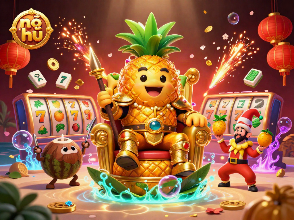 Experience the excitement of nổ hũ with the golden pineapple king and festive casino vibes in this vibrant 3D illustration.