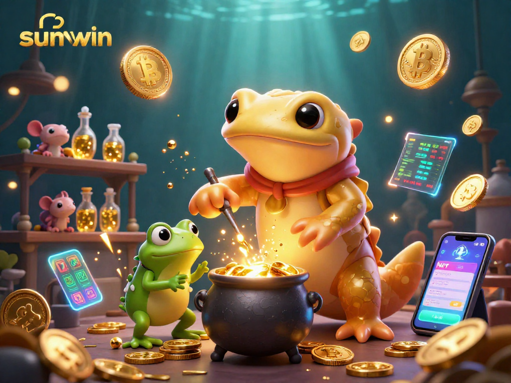 Experience the magic of sunwin as an alchemist transforms metals into gold with a vibrant casino scene.