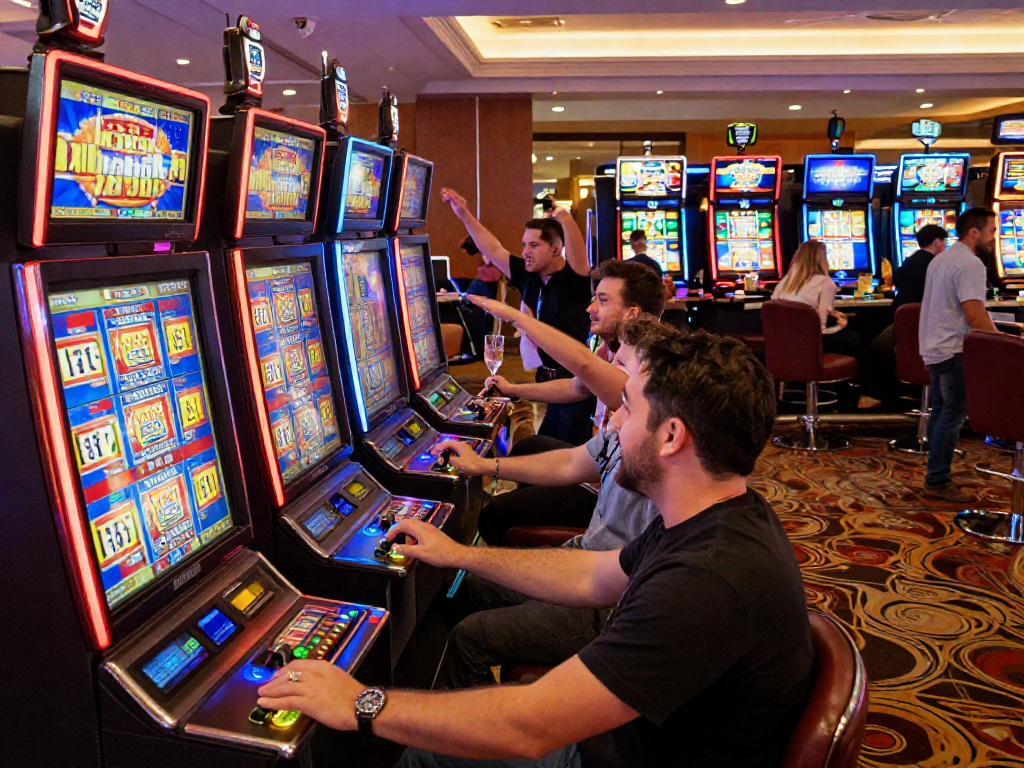 Players celebrating slot jackpot wins in a vibrant casino environment